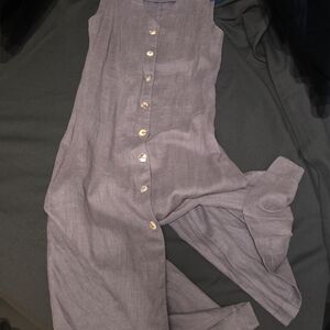 Sleeveless Button-Front Dark Grey Linen Jumpsuit